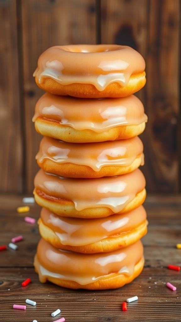 A stack of glazed donuts on a wooden table, showcasing their golden color and shiny glaze.